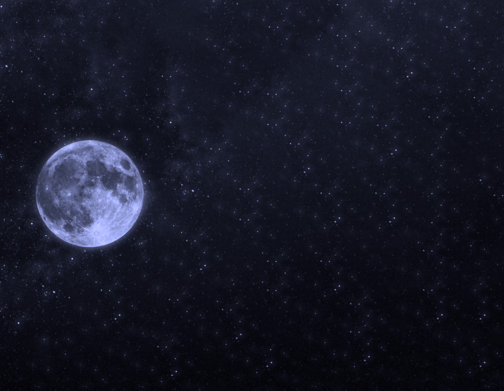 A Blue Tinted Moon flush left of the screen with stars all around the dark night sky